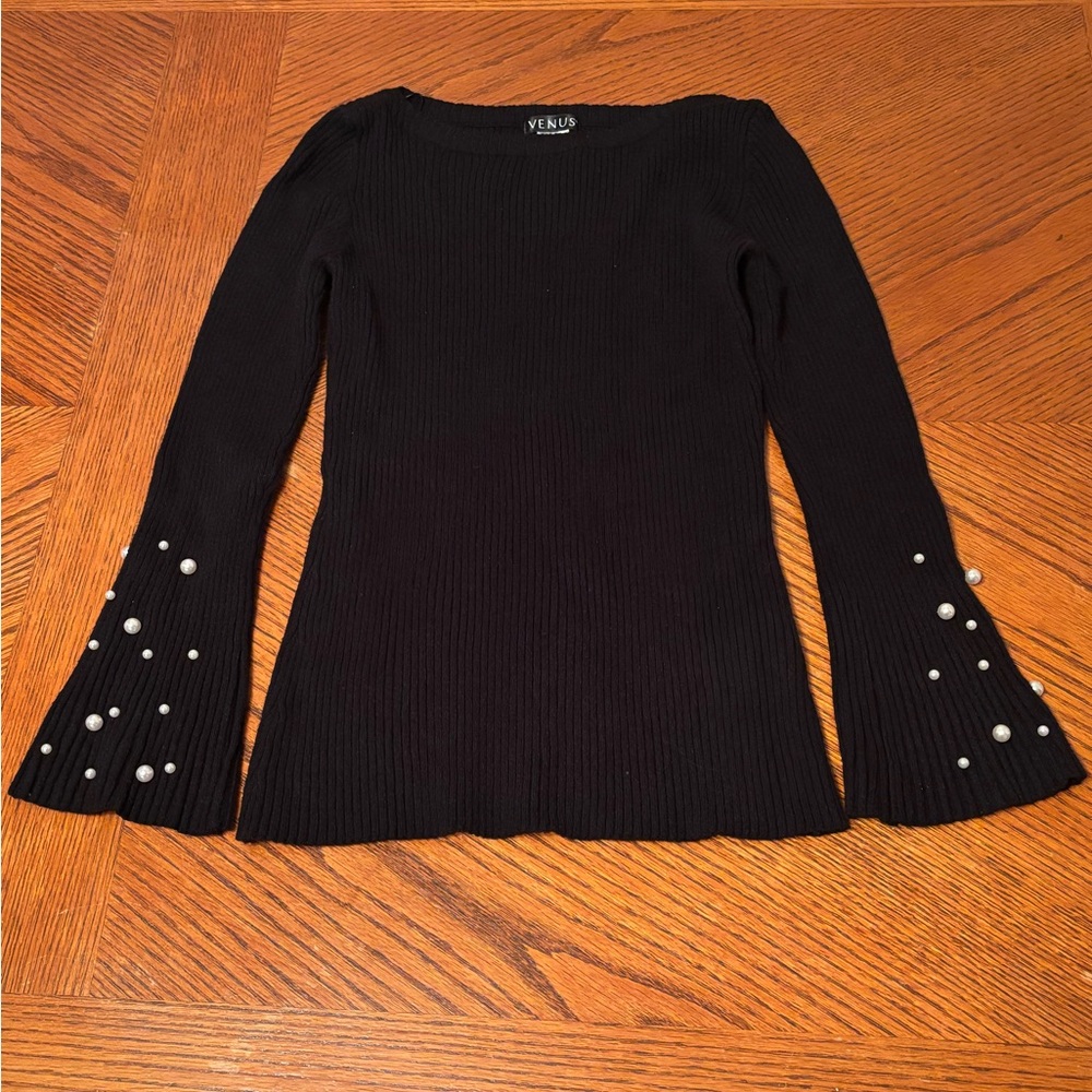Black Venus Womens Sweater With Pearls Size S Knit Design